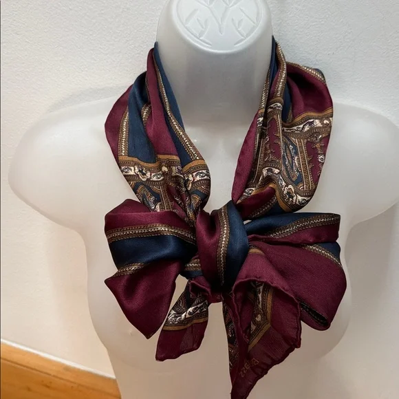 Vintage Bill Blass Silk Scarf Burgundy Navy Baroque Ornate Print - Picture 2 of 11